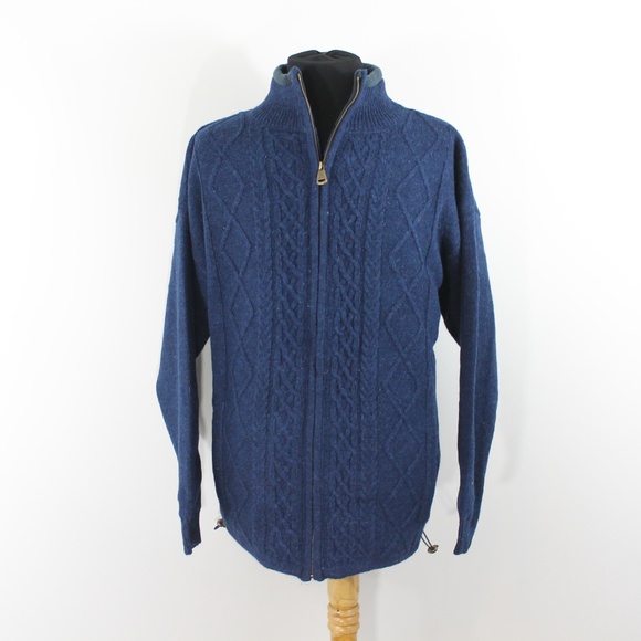 New Mens Aran Zip Front Wool Sweater Blue Green L - Picture 2 of 9